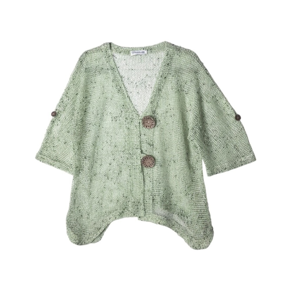 Lulu-B Mesh Cardigan Sz L Green Open Knit Oversized Lagenlook Artsy Art Wear